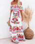 Spring Summer off Shoulder Red Floral Printed Long Large Hem Dress by Ragazza