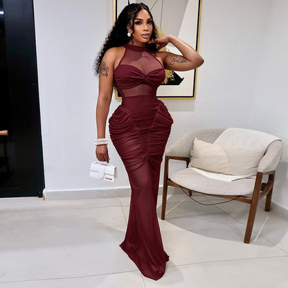 Women Clothing Summer Solid Color Casual Mesh Stitching Sleeveless Twisted Pleated Maxi Dress  DestGlow