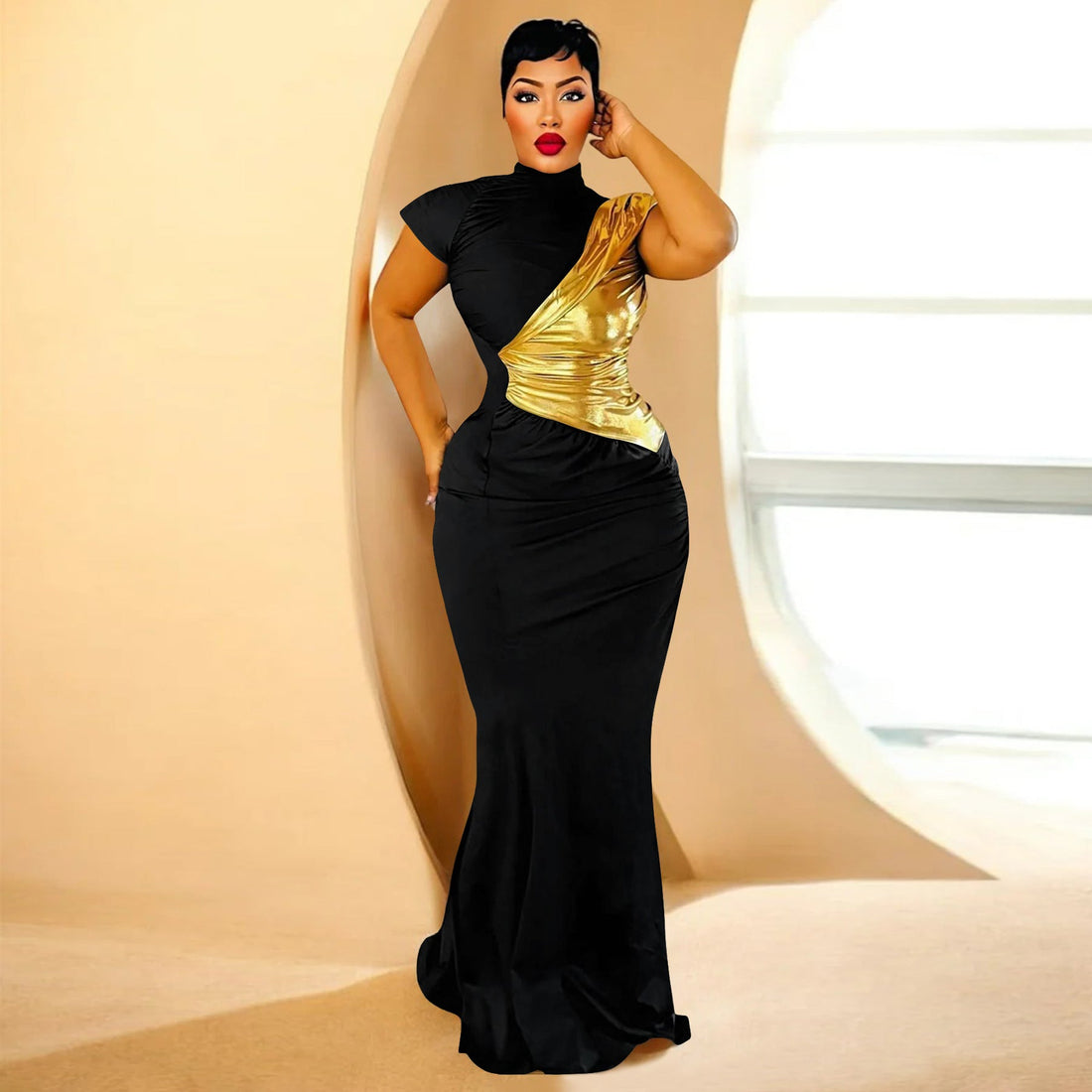 Women Clothing Color Contrast Bronzing Sexy Slim Dress by Ragazza