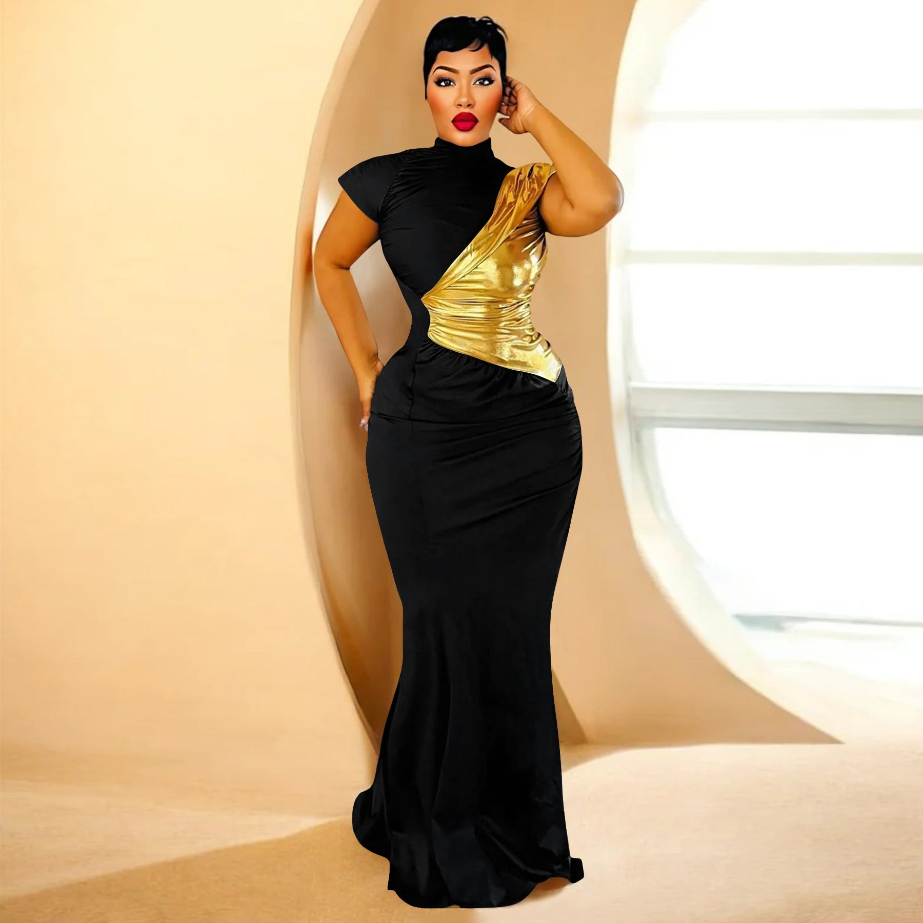 Women Clothing Color Contrast Bronzing Sexy Slim Dress by Ragazza