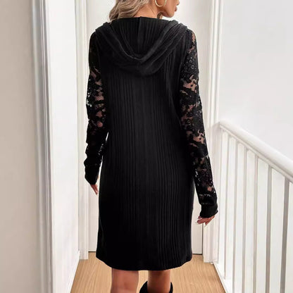 Autumn Winter Elegant Women Lace Patchwork Raglan Sleeve Hoodie with Drawstrings Casual Dress by Ragazza