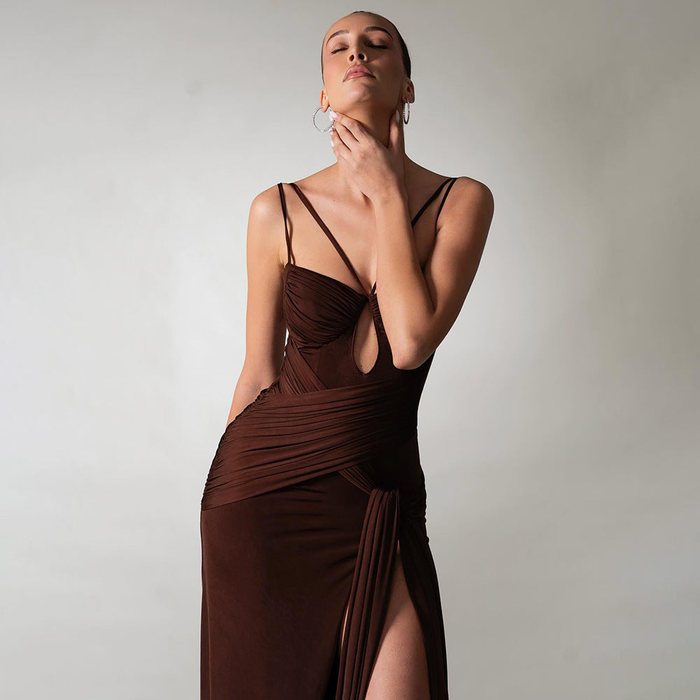 Dress Sexy Slim Fit Maxi Dress Backless Brown Pleating Ribbon Dress by Ragazza