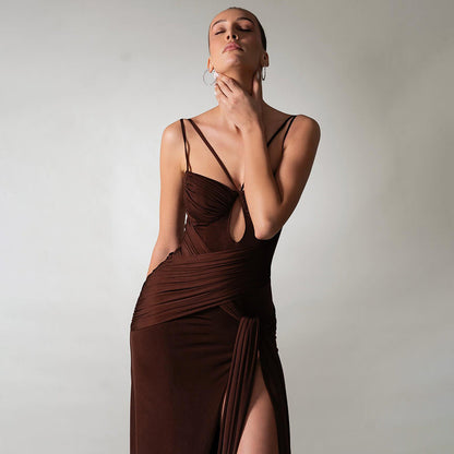 Dress Sexy Slim Fit Maxi Dress Backless Brown Pleating Ribbon Dress by Ragazza