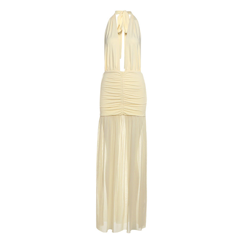 Summer Women Clothing Solid Color Sexy Mesh Stitching Deep V Plunge neck Halter Tied Dress by Ragazza