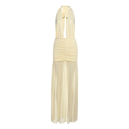 Summer Women Clothing Solid Color Sexy Mesh Stitching Deep V Plunge neck Halter Tied Dress by Ragazza