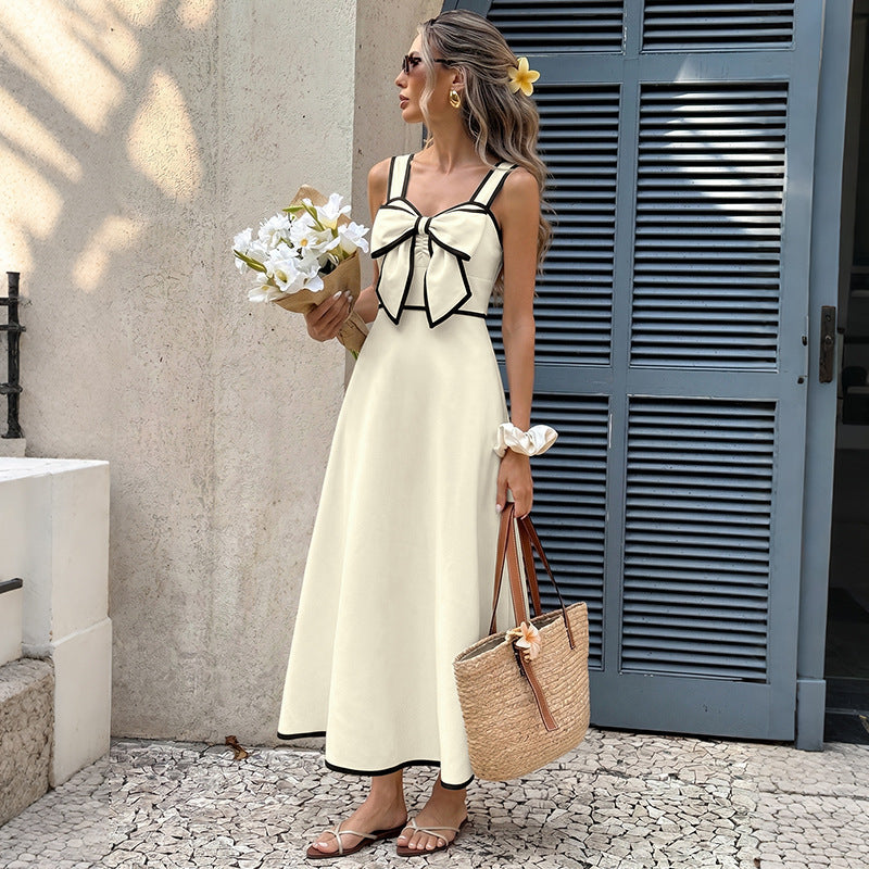 Retro Vacation Color Blocking Bow Waist Trimming Spaghetti Straps Dress  DestGlow