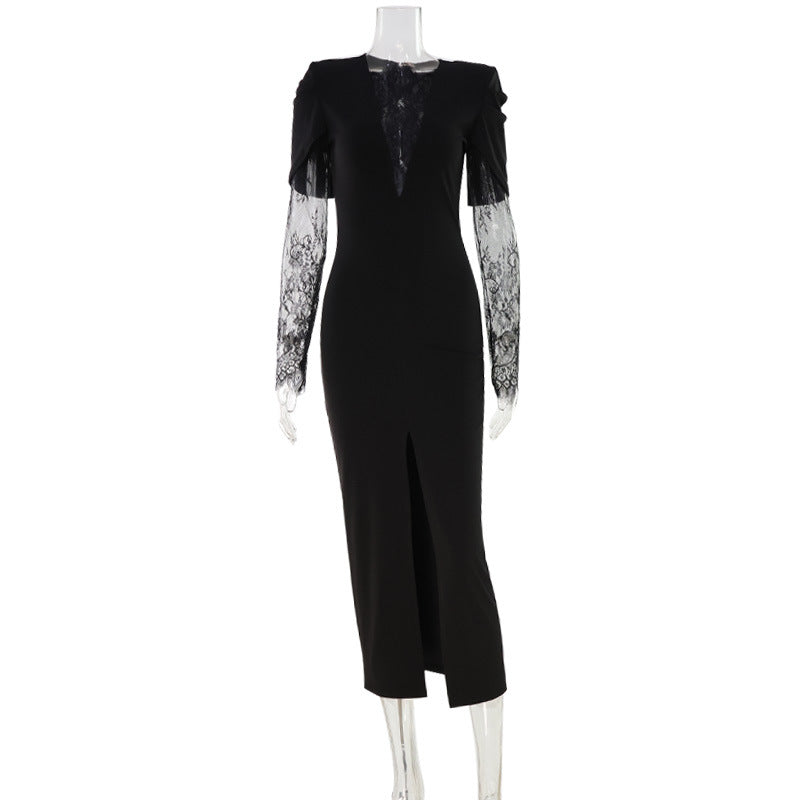 Autumn Winter Elegant V Shaped Lace Stitching Expensive Slim Fit Slit Dress Women by Ragazza