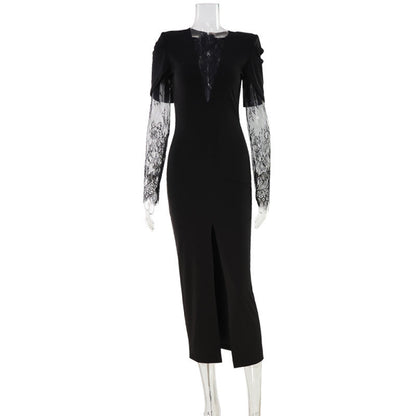 Autumn Winter Elegant V Shaped Lace Stitching Expensive Slim Fit Slit Dress Women by Ragazza
