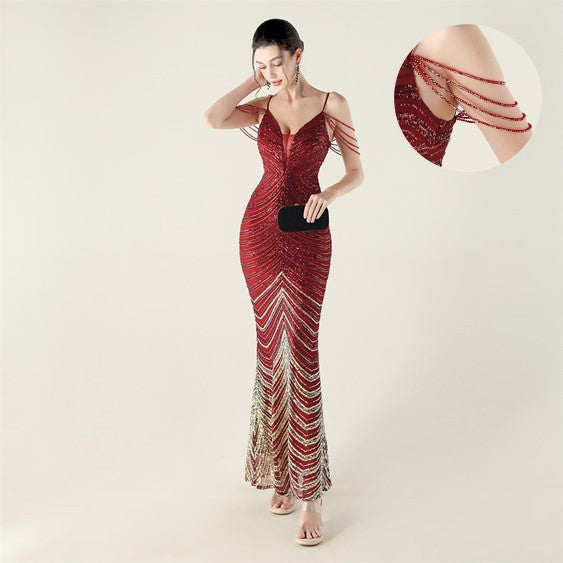 Deep V Plunge neck Wave Gradient Sequin Evening Dress Positioning Floral Cutting Craft Beaded Cocktail Battle Gown by Ragazza