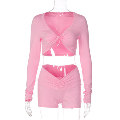 Winter Solid Color Twisted Long Sleeved Top Tight Shorts Sports Casual Set for Women 