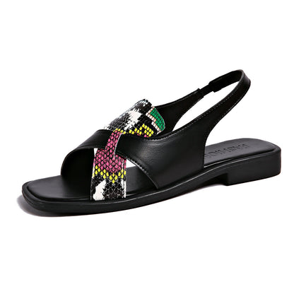 Leopard Print Color Matching Flat Open Toe Sandals Women Square Toe Mixed with Roman Beach Slippers  DestGlow