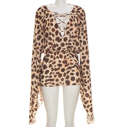 Women Clothing Summer Sexy Leopard Print Lace up Deep V Plunge neck Wide Sleeve Elegant Mini Dress by Ragazza