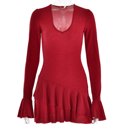 Autumn Deep V Plunge neck Dress Women Flared Sleeves Tight Sexy Sheath Dress by Ragazza