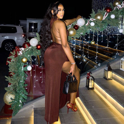 Slim Fit Backless Split Asymmetric Turtleneck Maxi Dress Sexy Elegant Women Solid Color Evening Dress by Ragazza