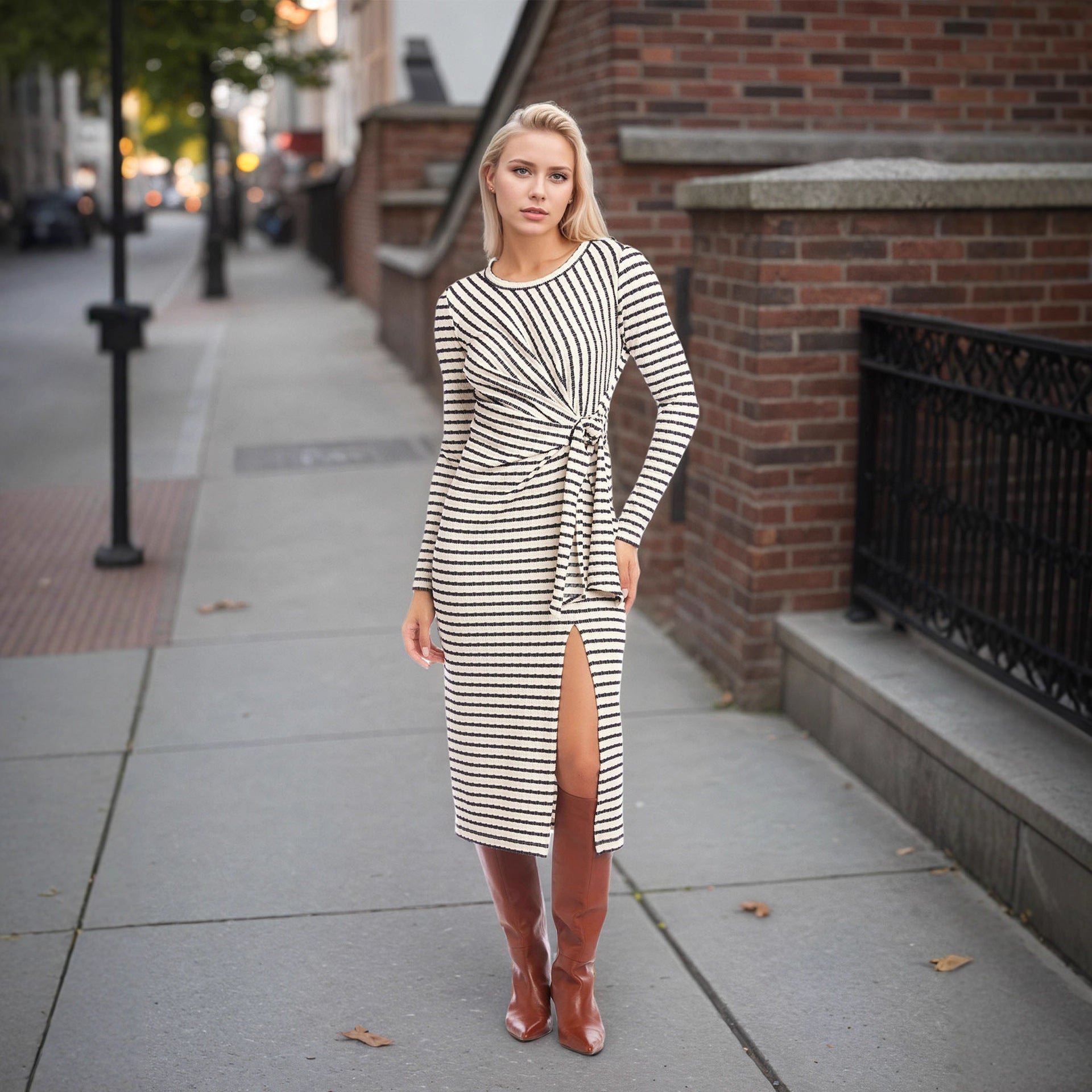 Striped Waist Twist Waist Controlled Slim Fit Slimming Split round Neck Dress by Ragazza