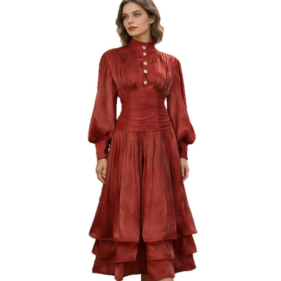Spring Elegant Retro Lantern Sleeve Breasted Ruffled Maxi Dress Waist Slimming Dress by Ragazza