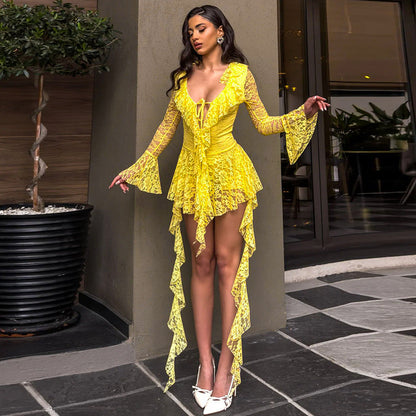 Women Clothing Lace Lotus Leaf Streamer Long Sleeve with Safety Pants Short Dress by Ragazza