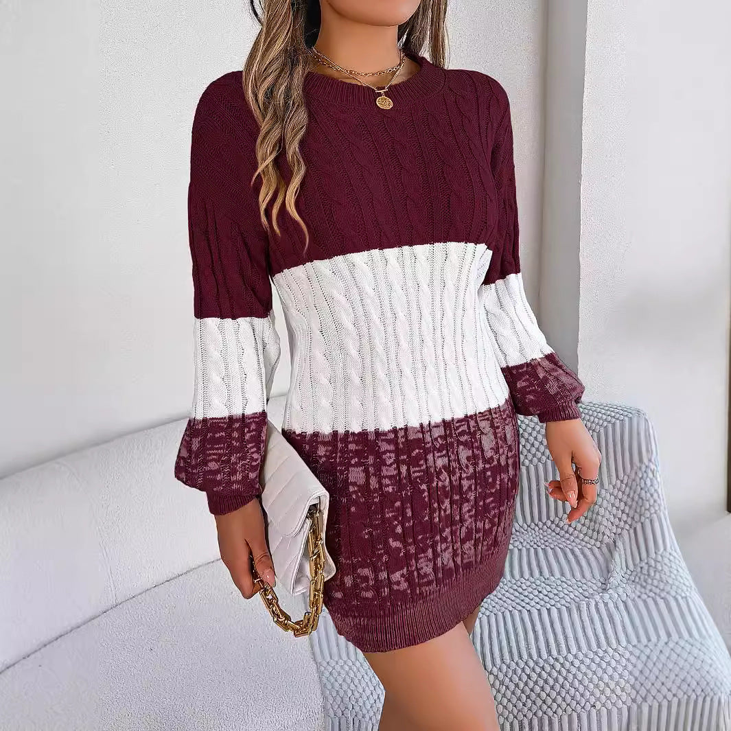 Autumn Winter Casual Color Matching Twist Lantern Sleeve Woolen Dress Women Clothing by Ragazza