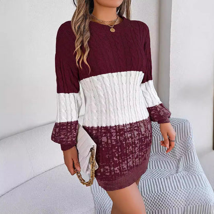 Autumn Winter Casual Color Matching Twist Lantern Sleeve Woolen Dress Women Clothing by Ragazza
