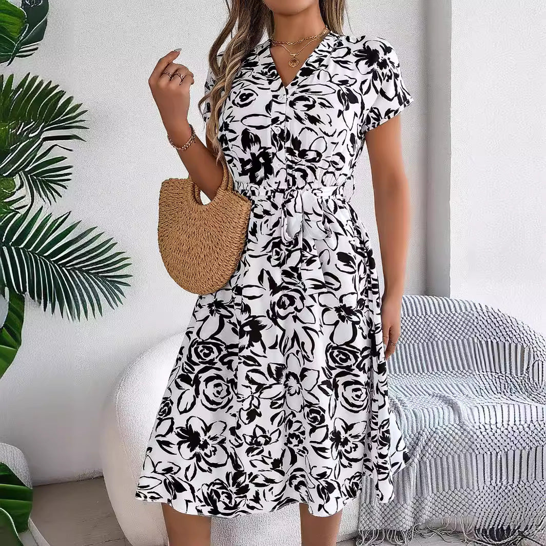 Spring Summer Casual V neck Buttons Batwing Sleeve Floral Swing Dress Women Clothing by Ragazza