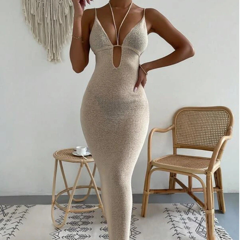 Women Clothes Sexy Sexy Cutout Lace Up Halter Spaghetti Straps Stitching Dress Maxi Dress Women by Ragazza