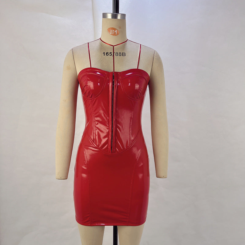 Leather Tube Top Package Hip Dress Autumn Sexy Backless Waist Trimming Off Neck Women Dress by Ragazza