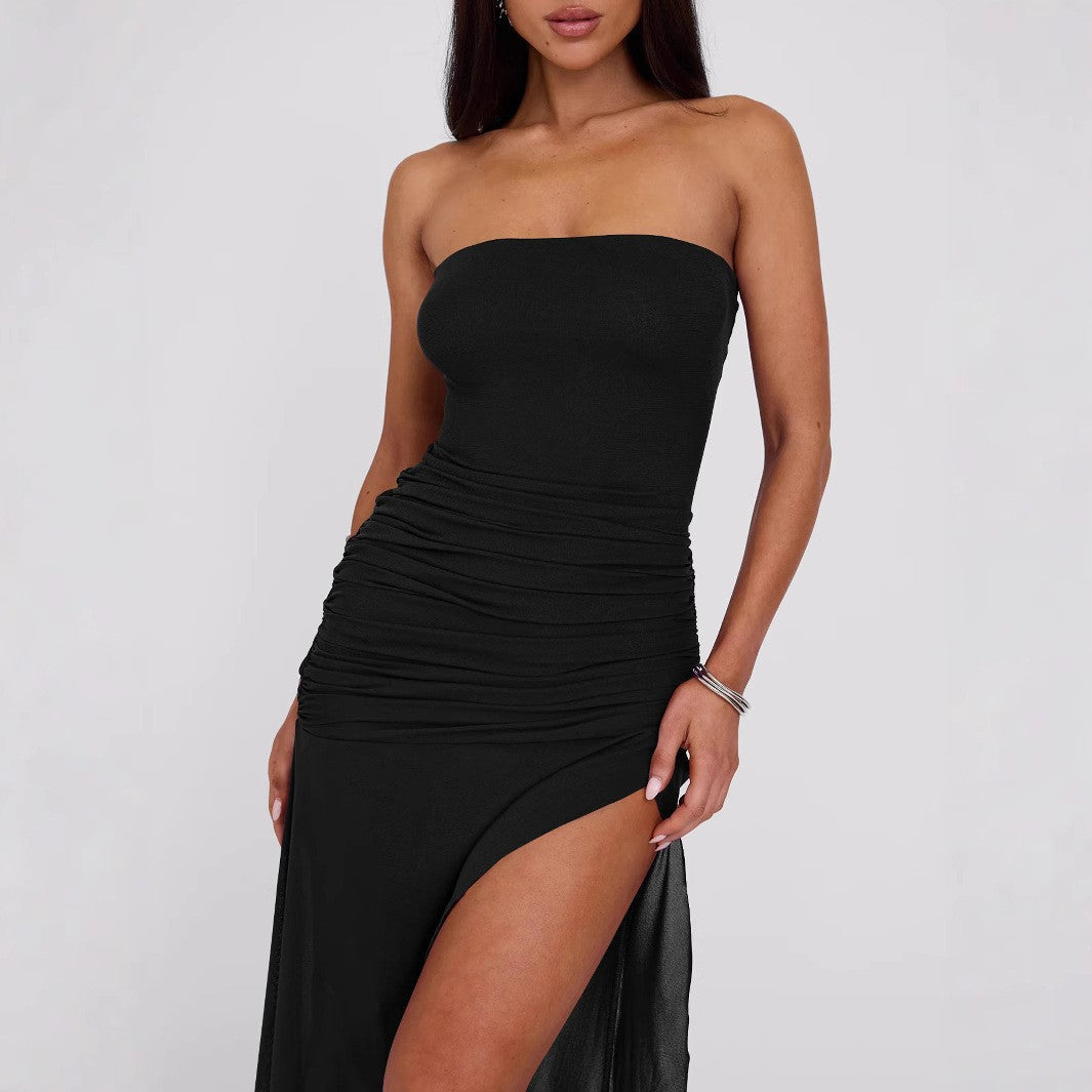 Women Clothing Summer Wind Sexy Tube Top Backless Slim Fitting Patchwork Mesh Irregular Asymmetric Dress by Ragazza
