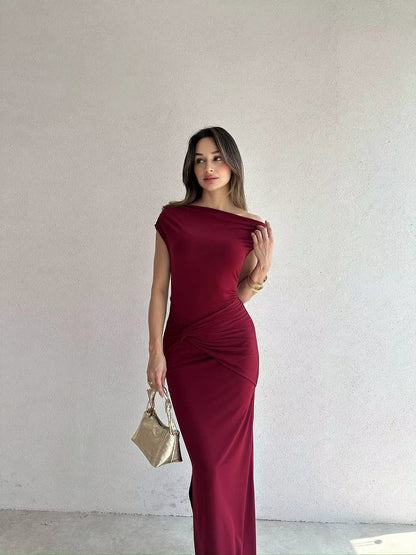 Summer Women Clothing Simple Intellectual Slant Shoulder Tight High Waist Pleated Split Dress by Ragazza