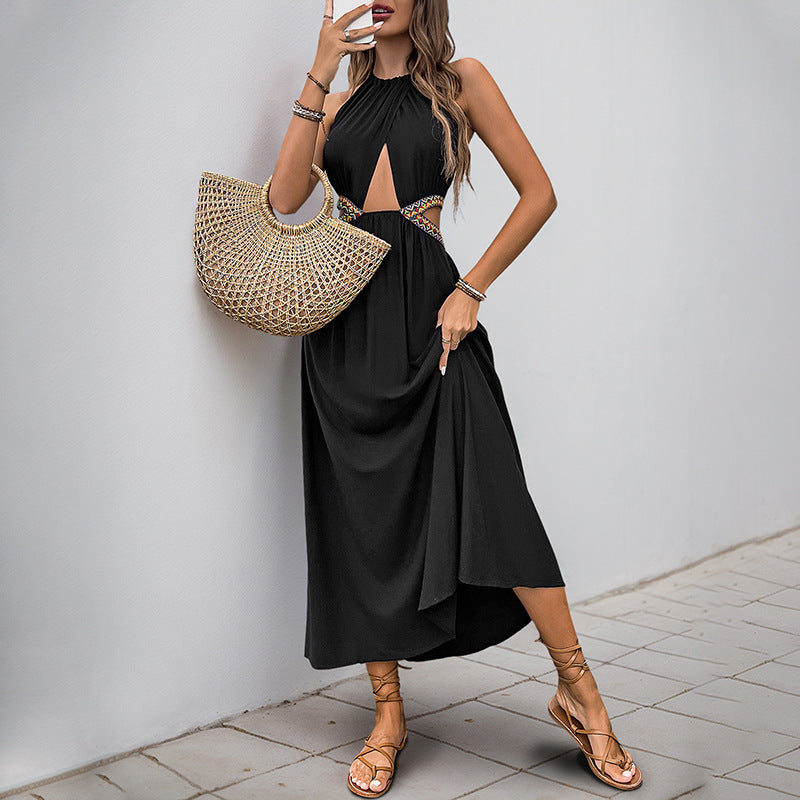 Women Casual Holiday Hollow Out Cutout Ethnic Webbing Decorative Stitching Dress  DestGlow