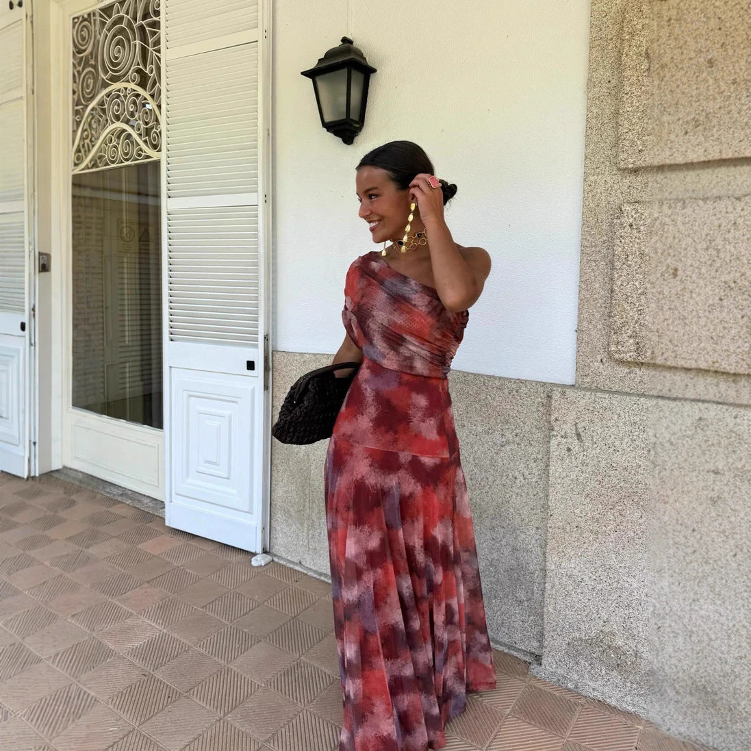 Printed Mesh off Shoulder Vacation Slim Fit Bottoming Dress by Ragazza