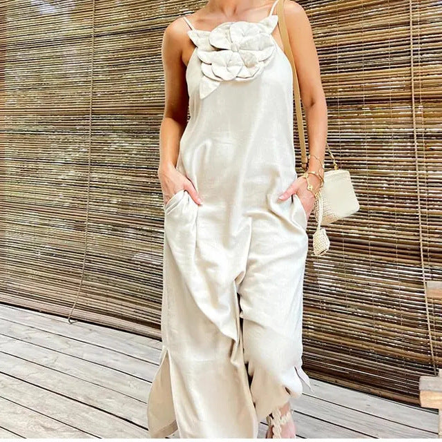 Spring Summer Strap Three Dimensional Floral Strap Cotton Linen Sleeveless Dress for Women by Ragazza