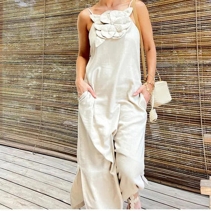 Spring Summer Strap Three Dimensional Floral Strap Cotton Linen Sleeveless Dress for Women by Ragazza