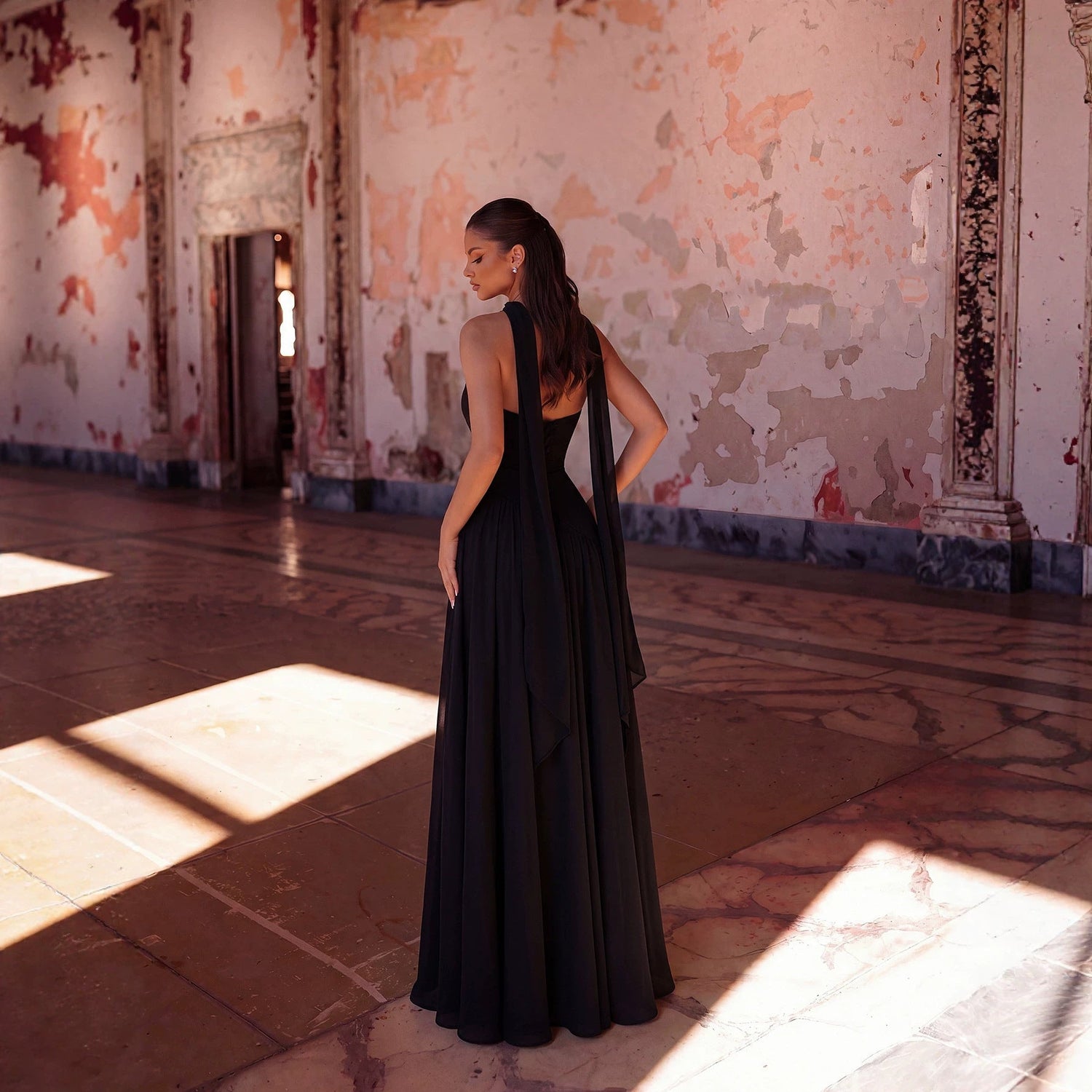 Sexy Halter Ribbon Tube Top Evening Dress Solid Color Draping Chiffon High Slit Mopping Cocktail Dress  DestGlow
