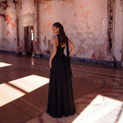 Sexy Halter Ribbon Tube Top Evening Dress Solid Color Draping Chiffon High Slit Mopping Cocktail Dress  DestGlow