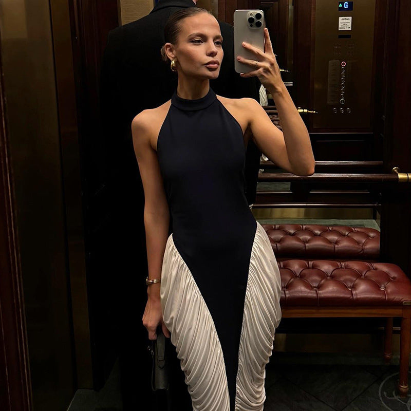 Summer Women Clothing Sexy Halter Backless Pleated Contrast Color Slim Fit Sheath Dress by Ragazza