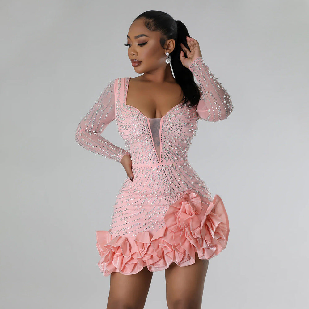 Drilling Bubble Beads Dress Short Dress Women Long Sleeve Square Collar by Ragazza