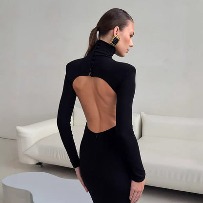 Spring Elegant Black Sexy Backless Knitted Slim Fit Long Sleeved Turtleneck Dress for Women by Ragazza