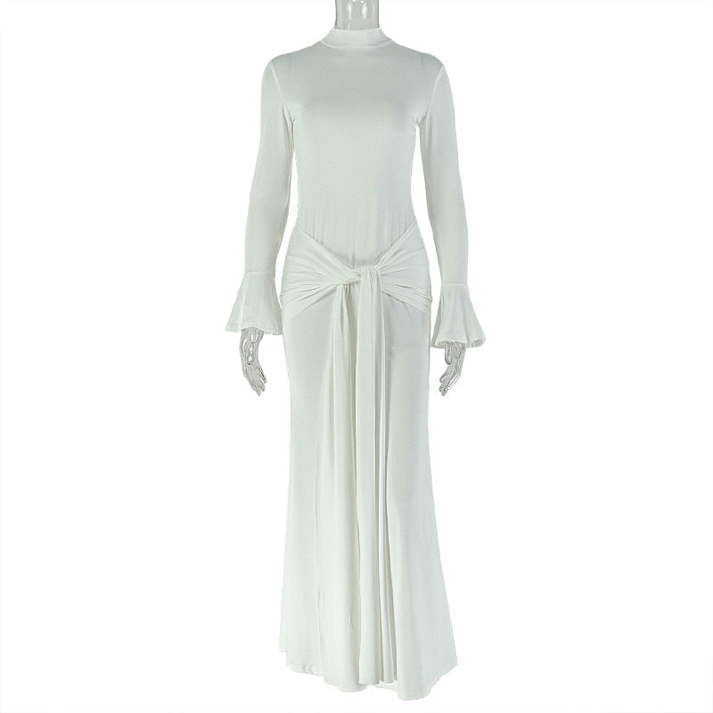 Winter Autumn Solid Color Elegant Women Clothing Tied Slim Fit Hip Dress Casual Stand Collar Maxi Dress by Ragazza