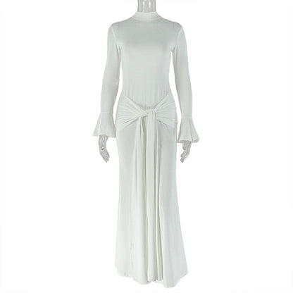 Winter Autumn Solid Color Elegant Women Clothing Tied Slim Fit Hip Dress Casual Stand Collar Maxi Dress by Ragazza