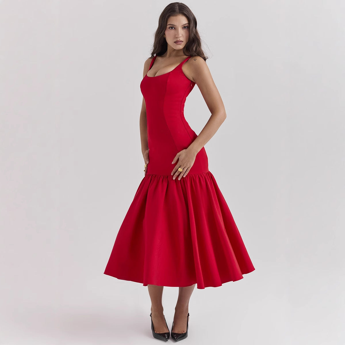 Summer Square Collar Cut Ballet Sheath Fitted Waist Fishtail Strap Dress for Women Elegant Bubble Dress Women by Ragazza