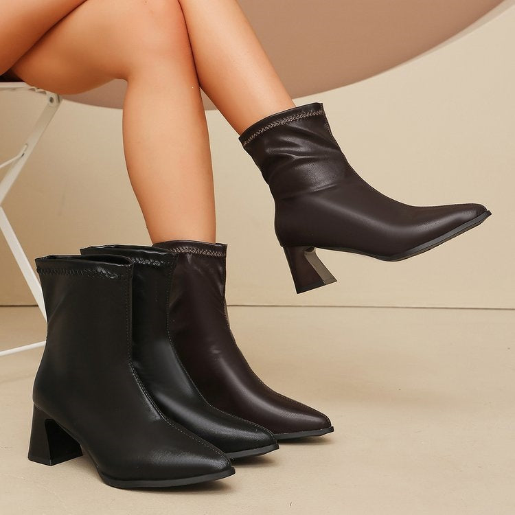 High Heel Short Elastic Pointed Leather Boots Women Fall Small Chunky Heel Sleeve Boots  DestGlow