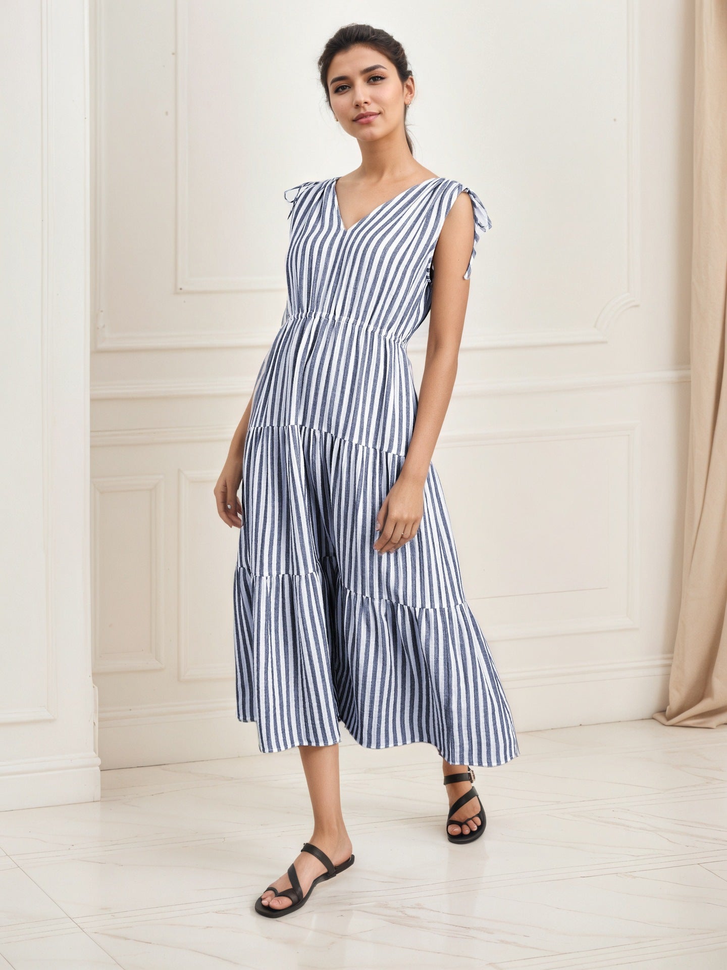 High Grade Blue White Striped Sleeveless Dress Summer off the Shoulder Waist Slimming Dress V neck Casual Dress by Ragazza