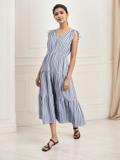 High Grade Blue White Striped Sleeveless Dress Summer off the Shoulder Waist Slimming Dress V neck Casual Dress by Ragazza