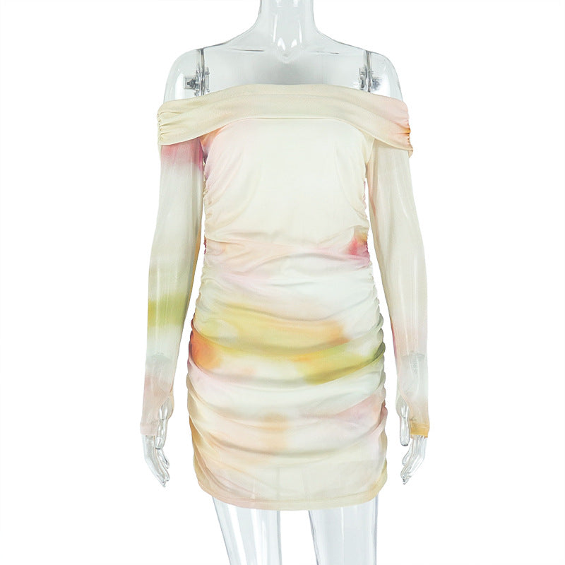 Women Clothing Printed Casual Pleated Hip Dress off Neck Tube Top Raglan Sleeve Slim Fit Short Dress by Ragazza