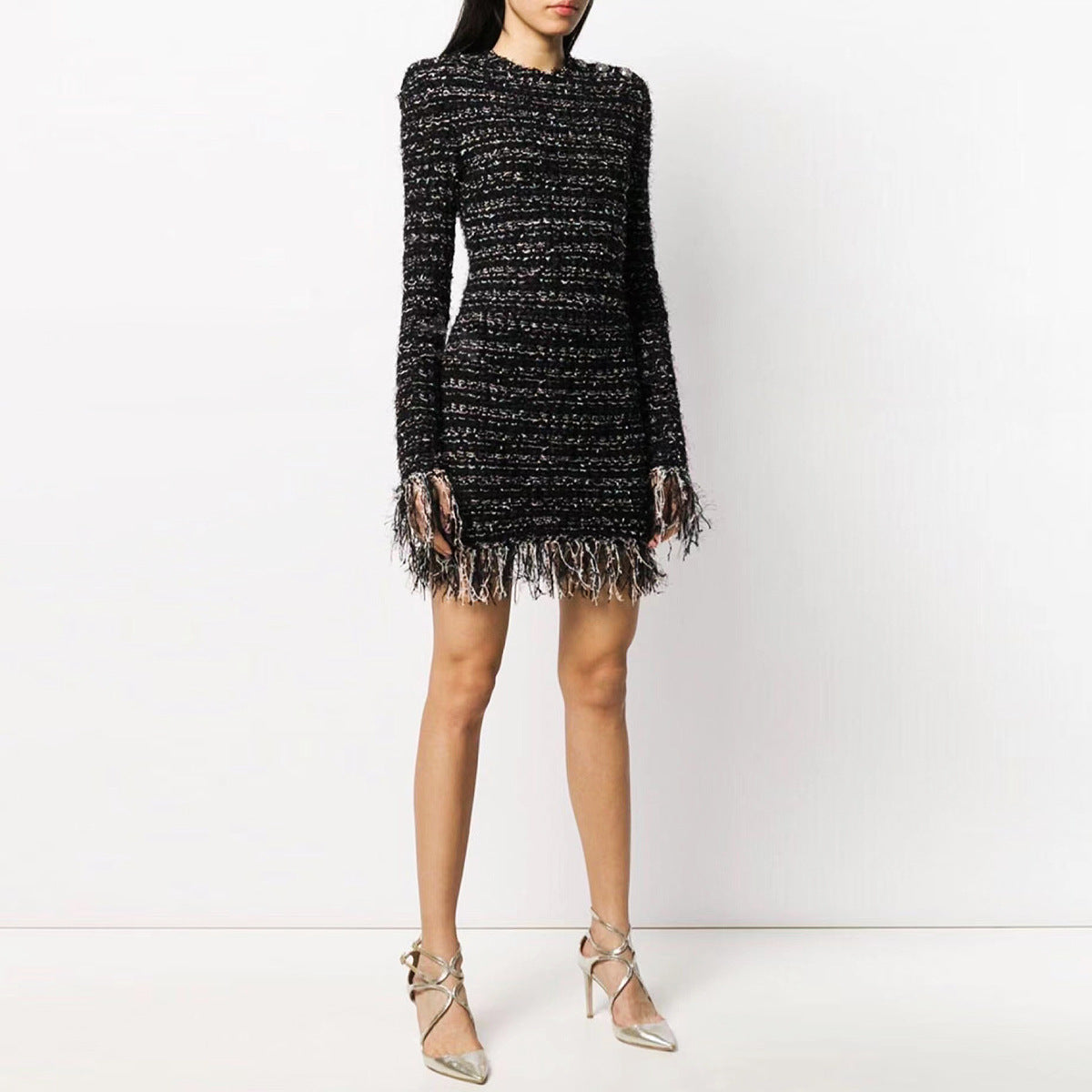 Bright Silk Woolen Fringe Long Sleeved Slim Fit Short Dress High Quality Women Clothing by Ragazza