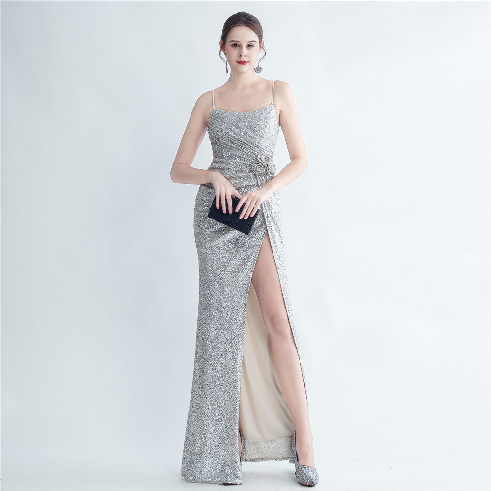 Gathers Sequ Handmade Floral Split Sling Simple Evening Dress by Ragazza