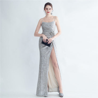 Gathers Sequ Handmade Floral Split Sling Simple Evening Dress by Ragazza