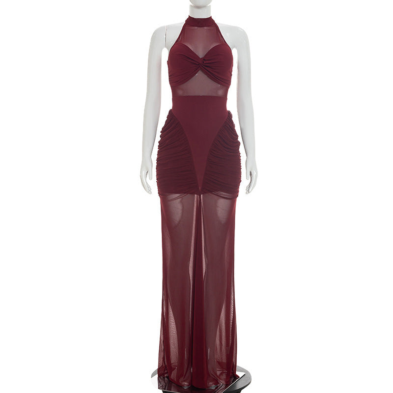 Women Clothing Summer Solid Color Casual Mesh Stitching Sleeveless Twisted Pleated Maxi Dress  DestGlow