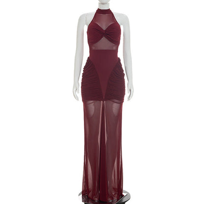 Women Clothing Summer Solid Color Casual Mesh Stitching Sleeveless Twisted Pleated Maxi Dress  DestGlow