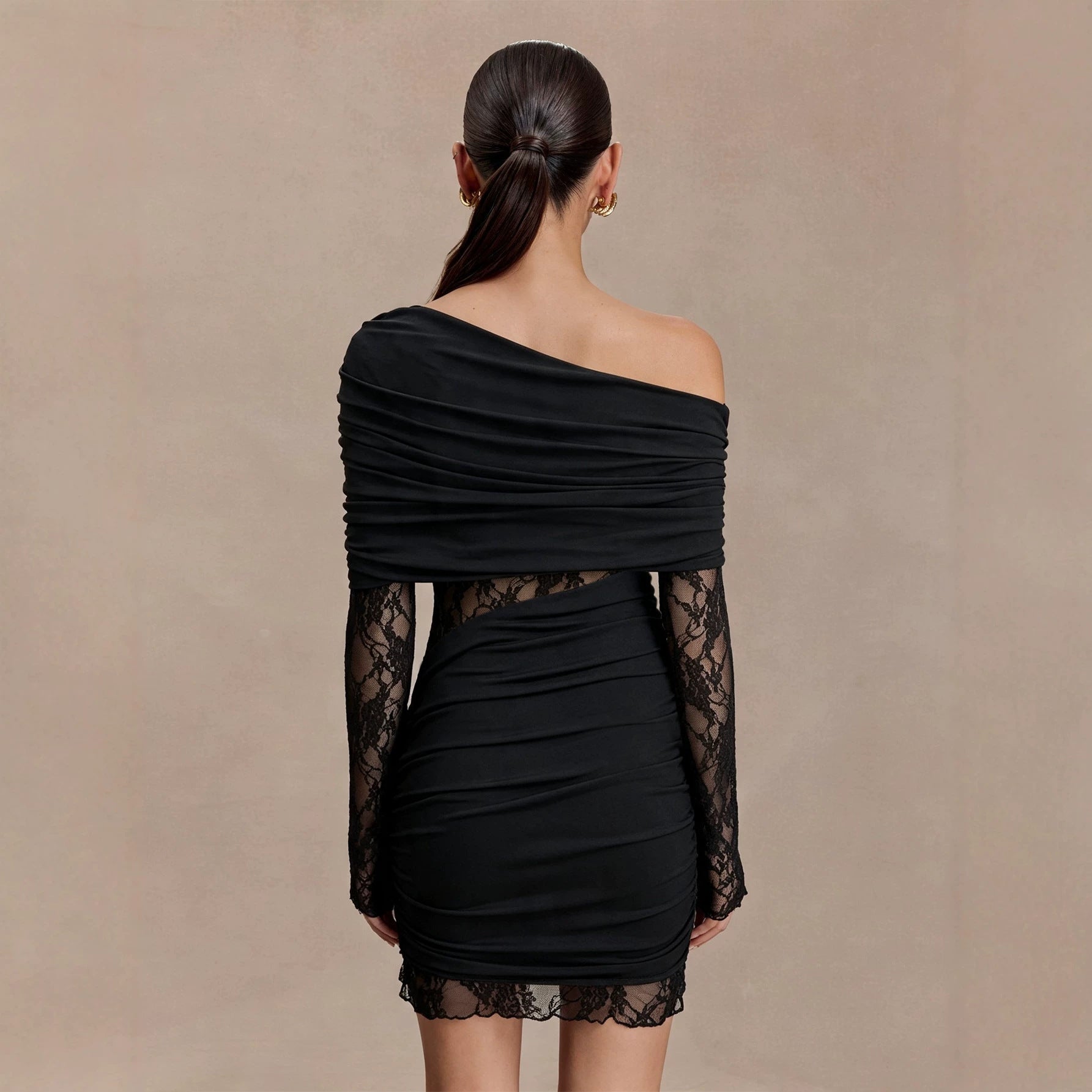 Sexy Shoulder Long Sleeve Dress Women Lace Patchwork Waist Slimming Slimming Hip Dress  DestGlow